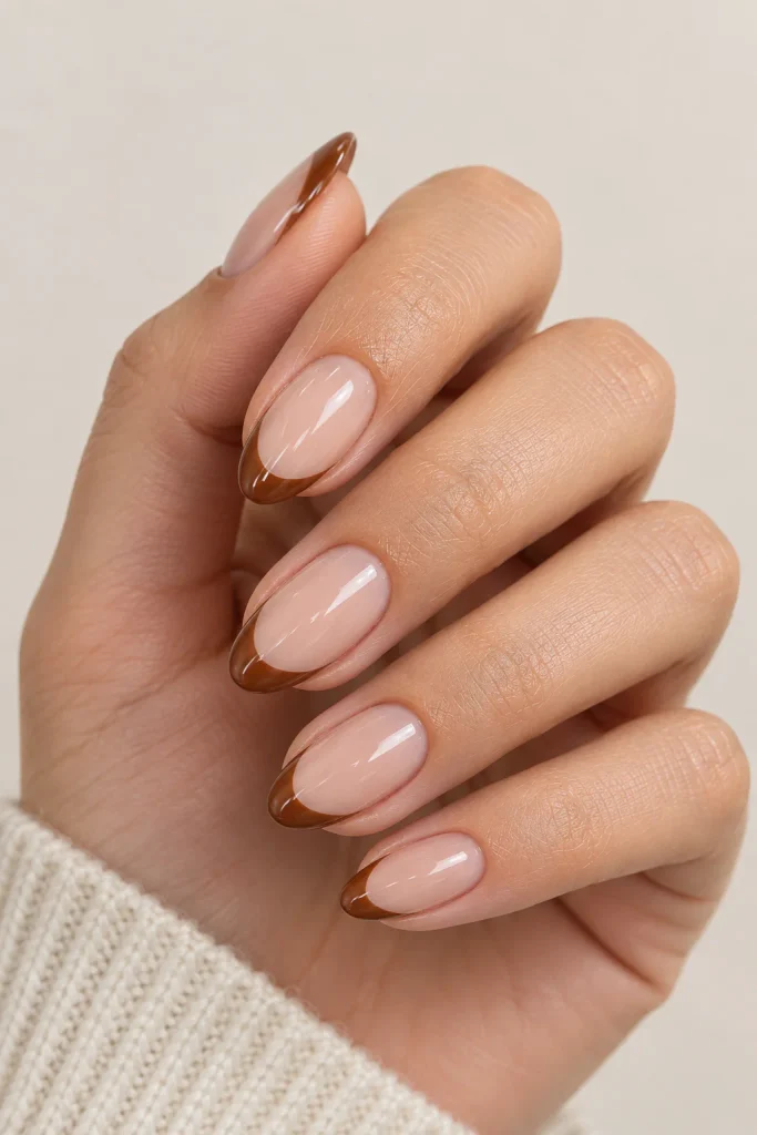 Short nails featuring modern caramel brown French tips