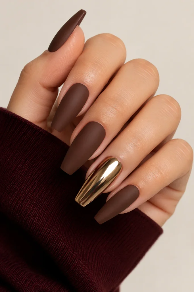 Brown nails with gold chrome accent detail