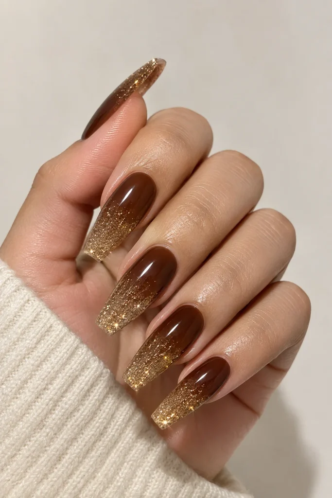 Deep brown nails fading into gold glitter tips