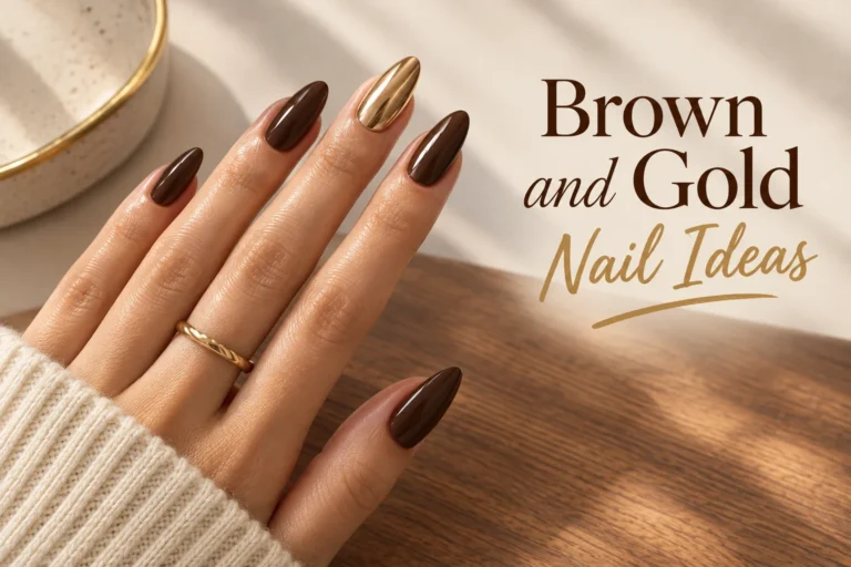 Brown and gold nails featuring elegant luxurious manicure designs