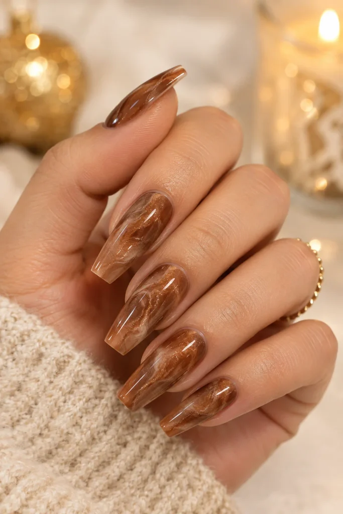 Brown marble nails with soft subtle shimmer