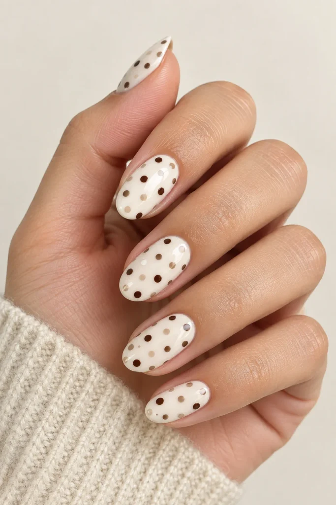 Brown polka dots over a soft white nail base