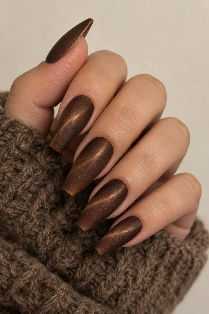 Brown velvet cat eye nails with soft matte finish