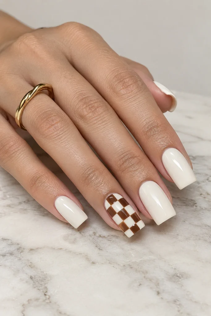 Brown and white checkerboard pattern on square nails