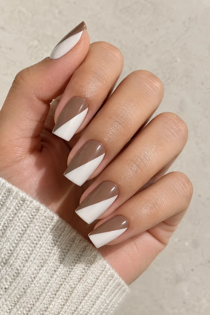 Brown and white split design on squoval nails