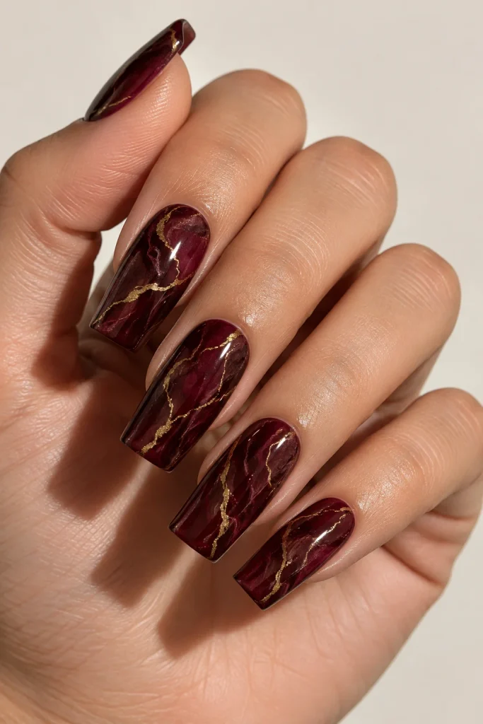 Deep burgundy marble nails with delicate gold veins