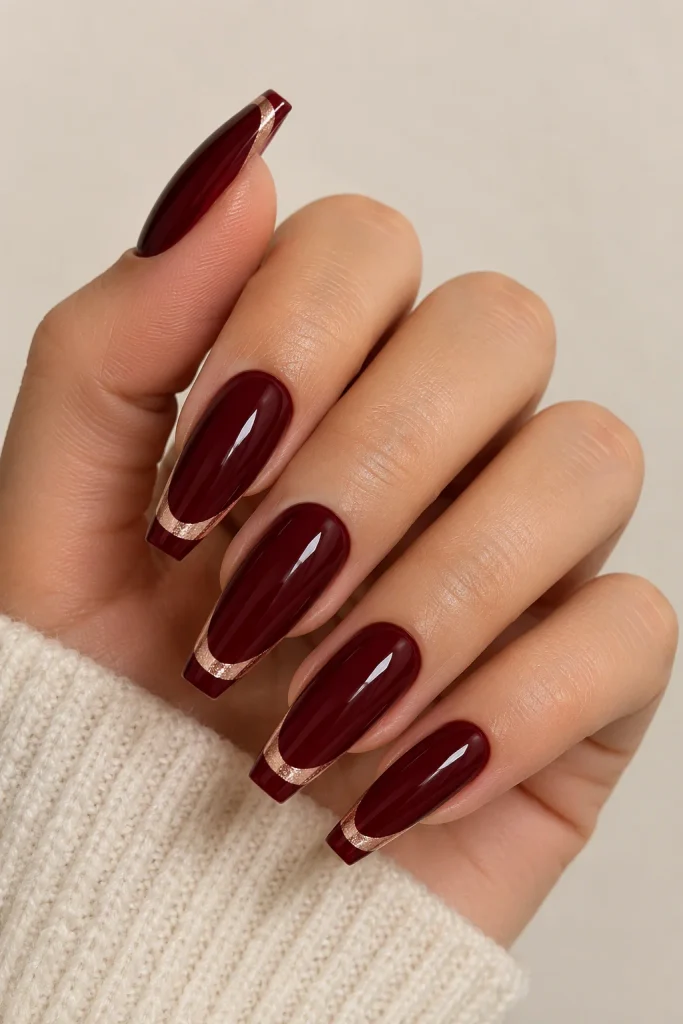 Burgundy and rose gold double French tip nails