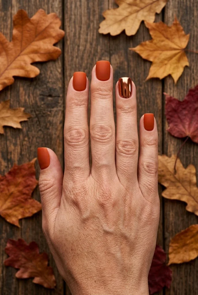 Hand with matte burnt orange nails and one mirror chrome accent nail on autumn leaves.