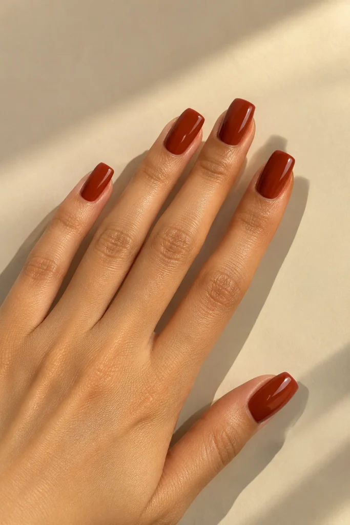 Glossy burnt sienna nails in a rich red brown shade