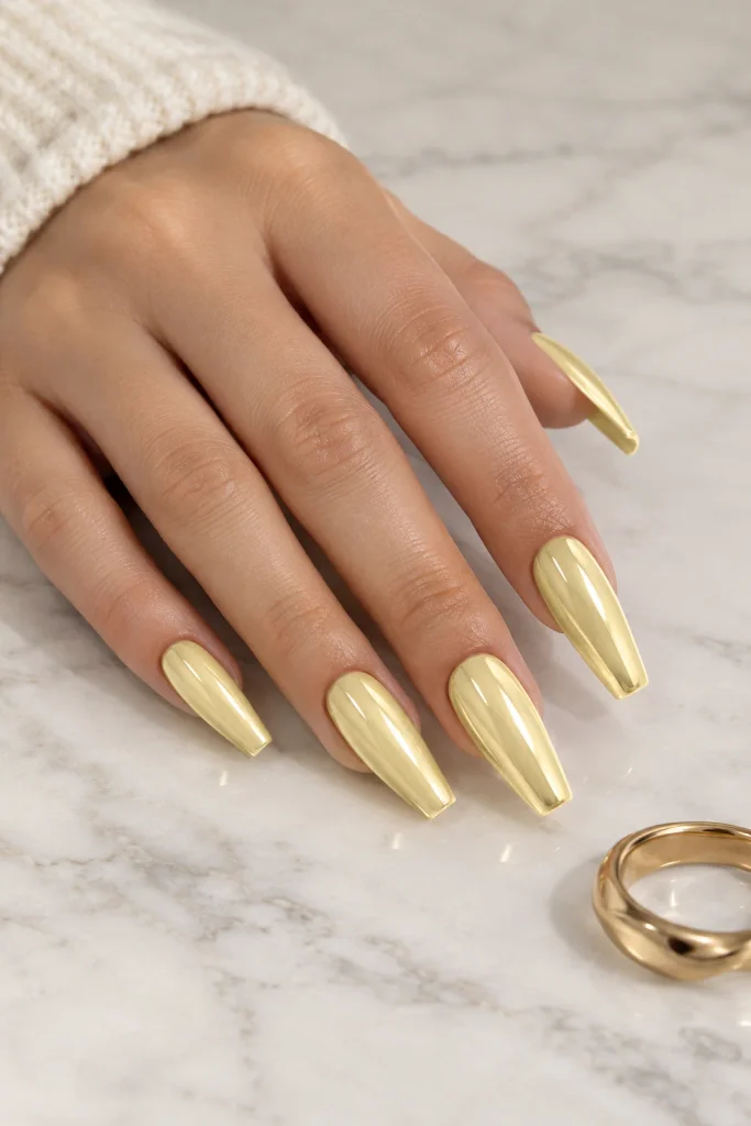 Butter yellow chrome coffin nails with a glossy metallic finish