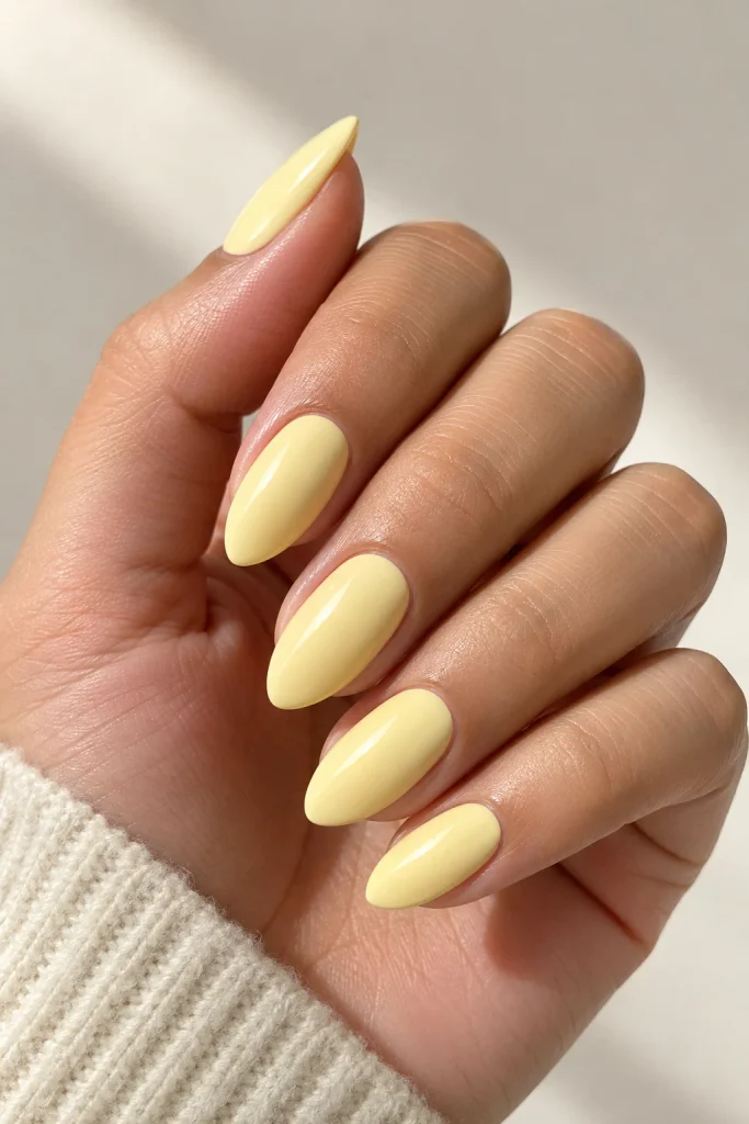 Buttercream yellow glossy Easter nails on almond-shaped nails