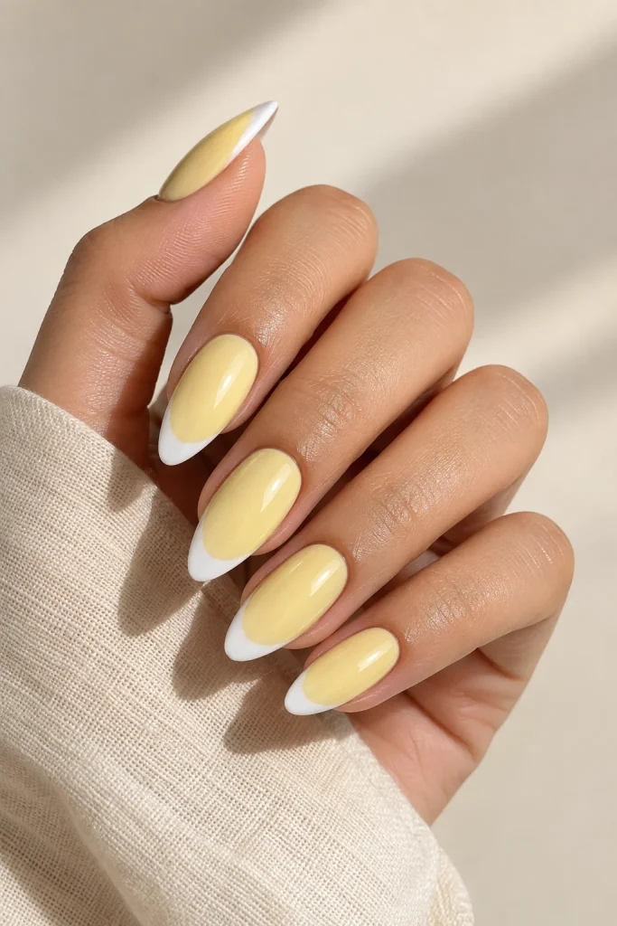 Buttercream yellow nails with milky white French tips