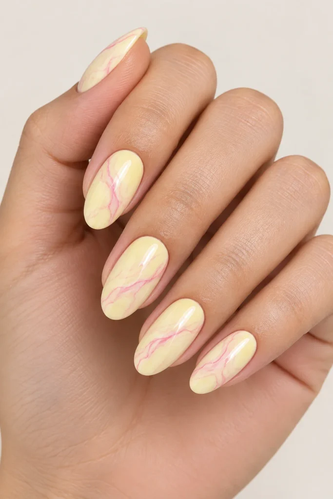 Buttercream yellow nails with soft pink marble veins