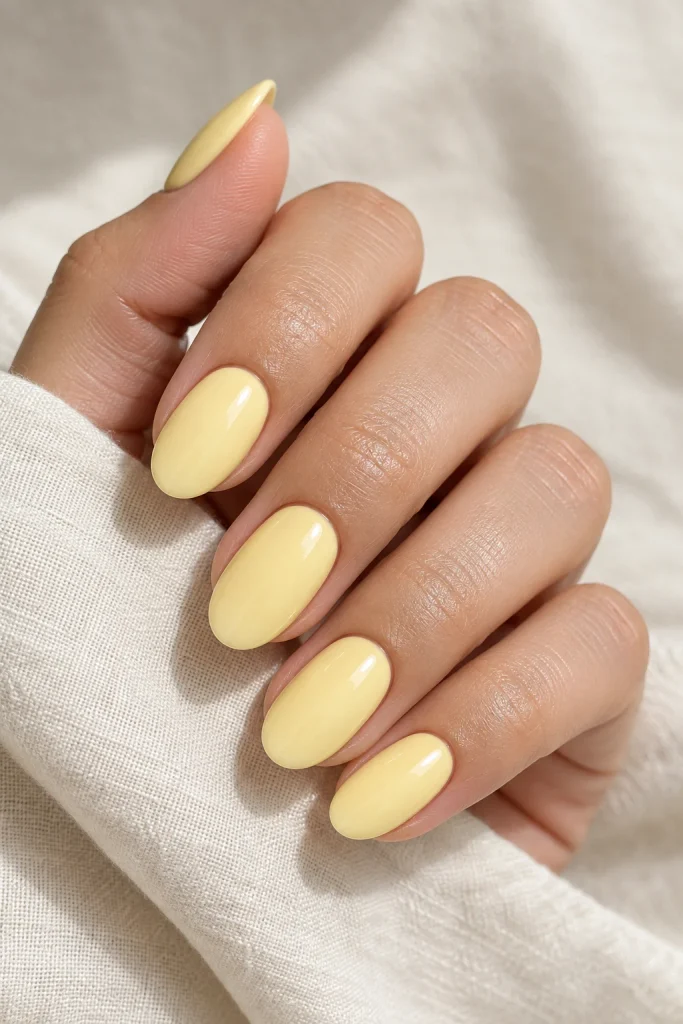 Buttery yellow glossy nails on medium round-shaped nails