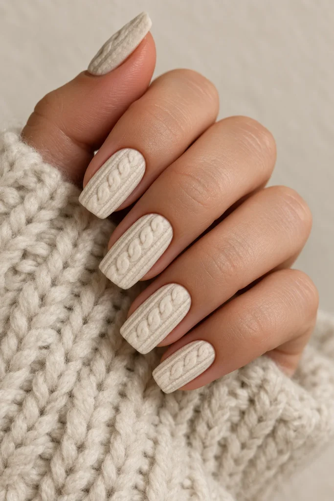 cream cable knit texture preppy nails for winter