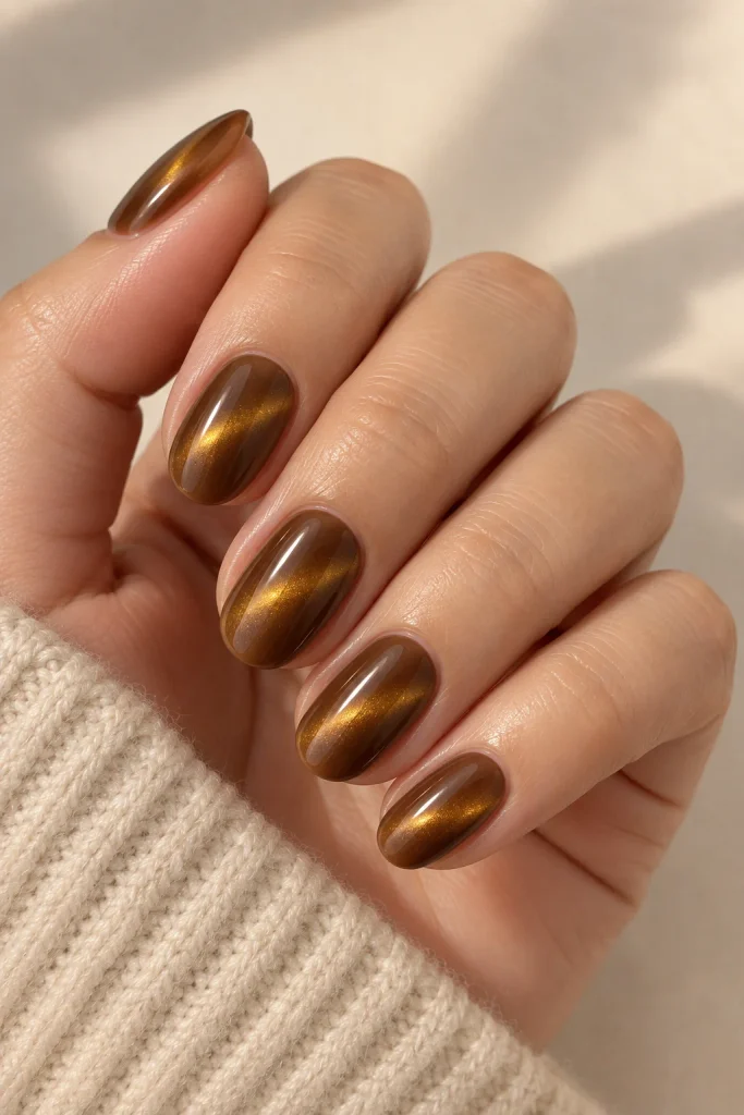 Caramel brown cat eye nails with soft golden shimmer