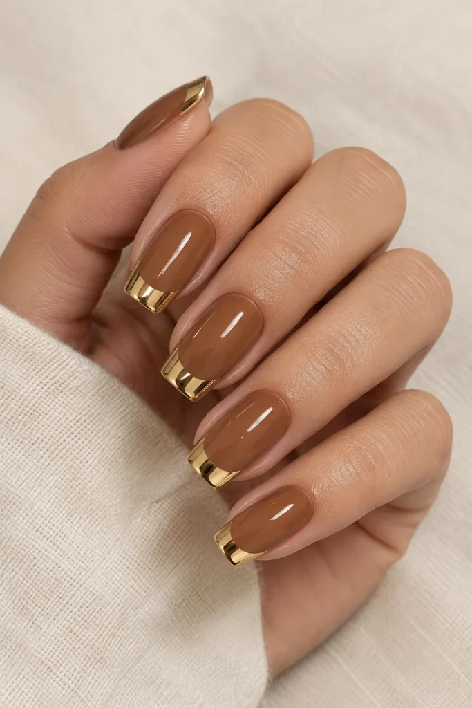 Warm caramel nails with shiny gold chrome tips