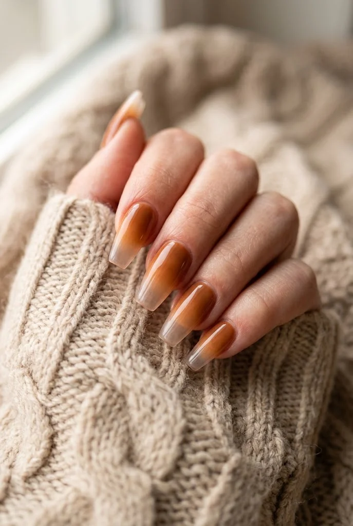 Long coffin nails with caramel ombre fading to glossy clear tips against cream cable-knit sweater.