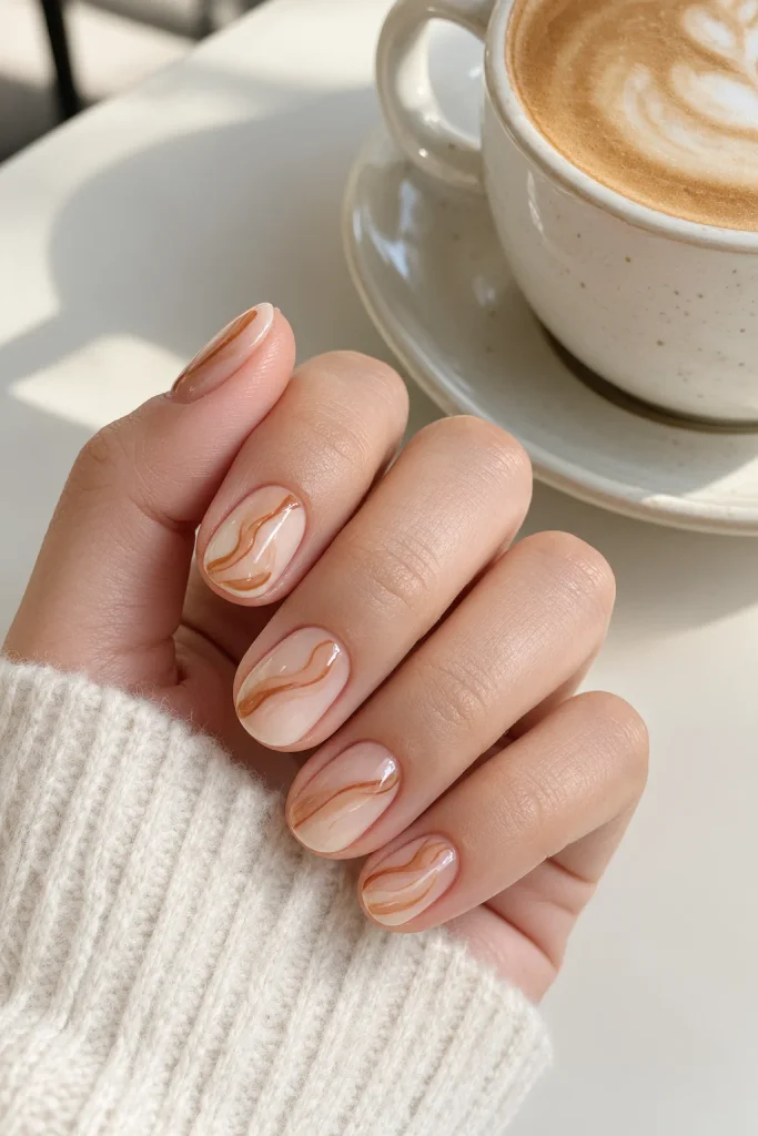 Caramel ribbon swirl nails on a creamy short nail base