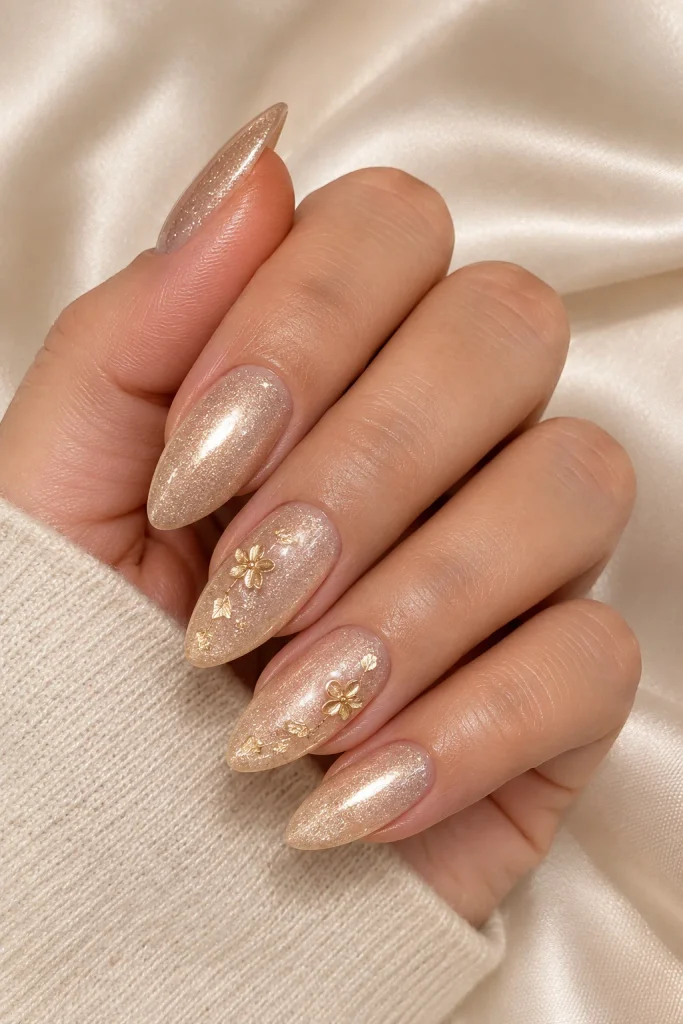 Champagne almond nails with small floral foil accents