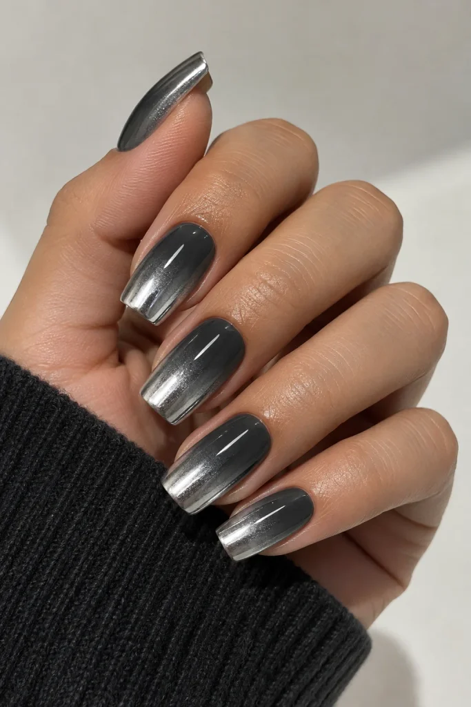 Charcoal grey and silver chrome ombre nails