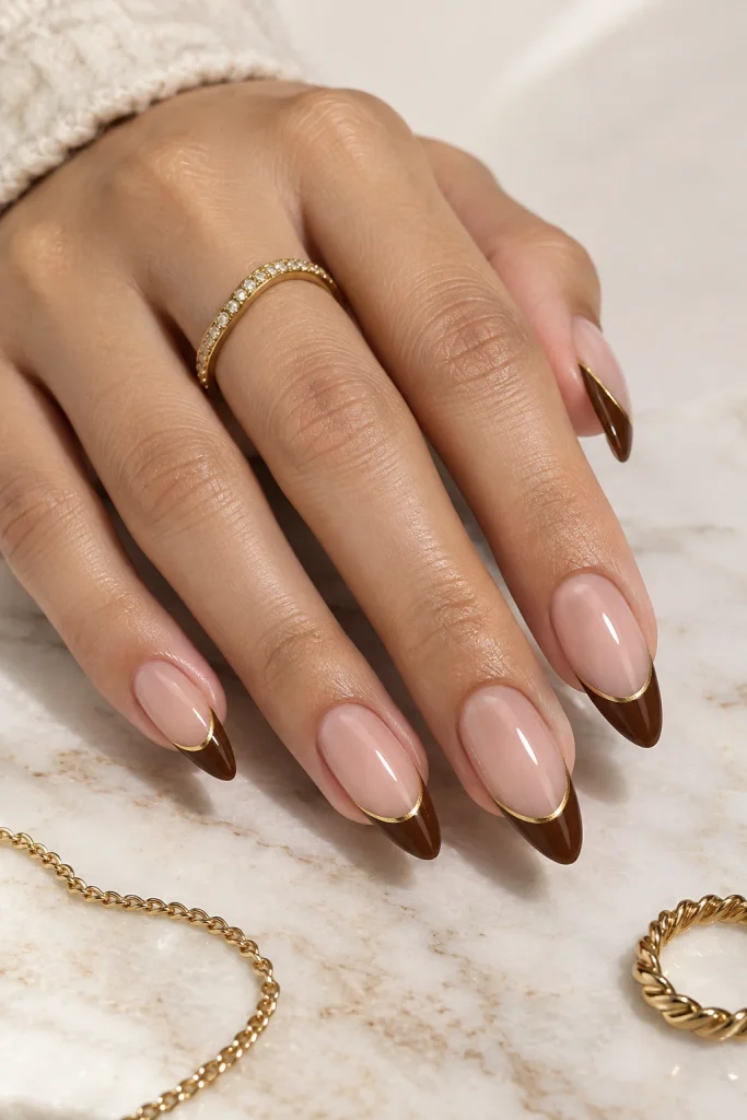 Chestnut brown French tips with thin gold accents
