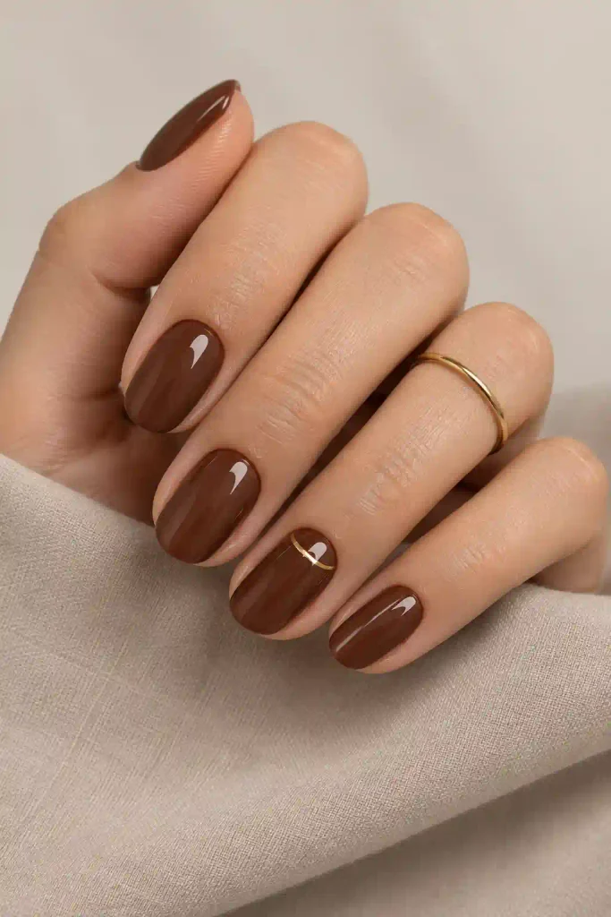 Chestnut brown nails with single gold ring detail