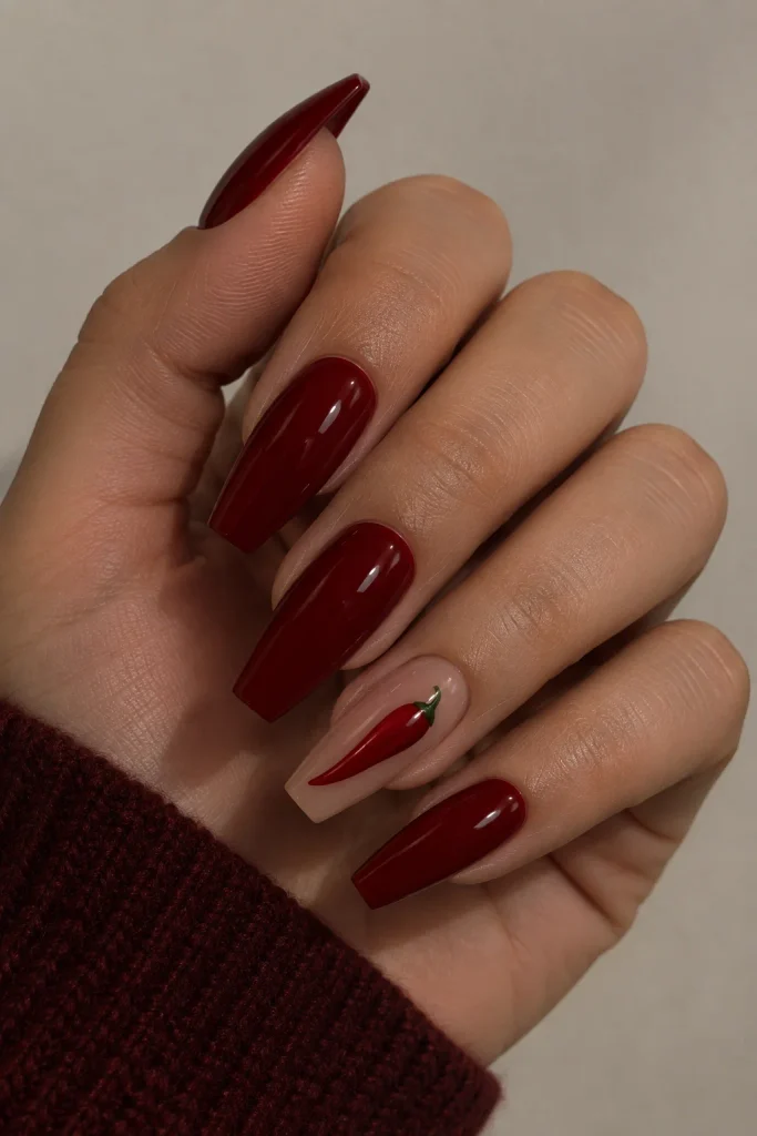 Chili pepper red Mexican nails with glossy warm red color