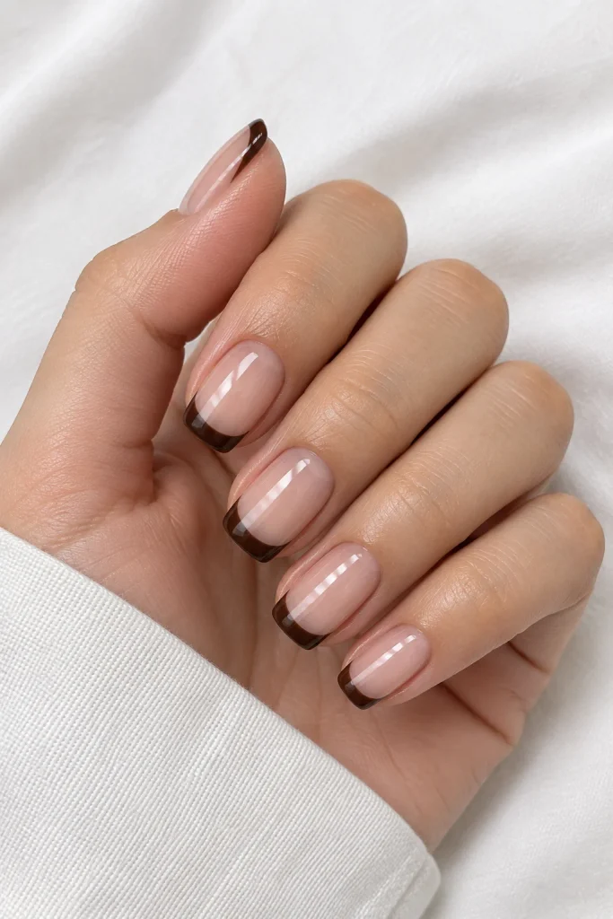 Chocolate brown French tips on soft nude nails