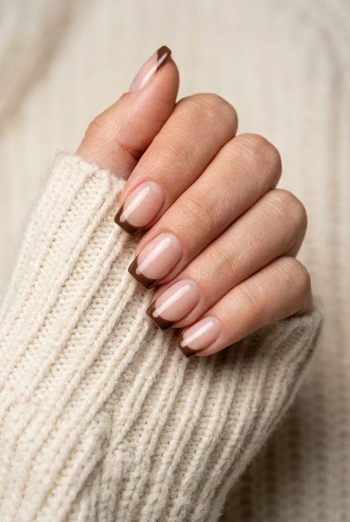 Short square nails with chocolate brown French tips on nude base against cream knit.