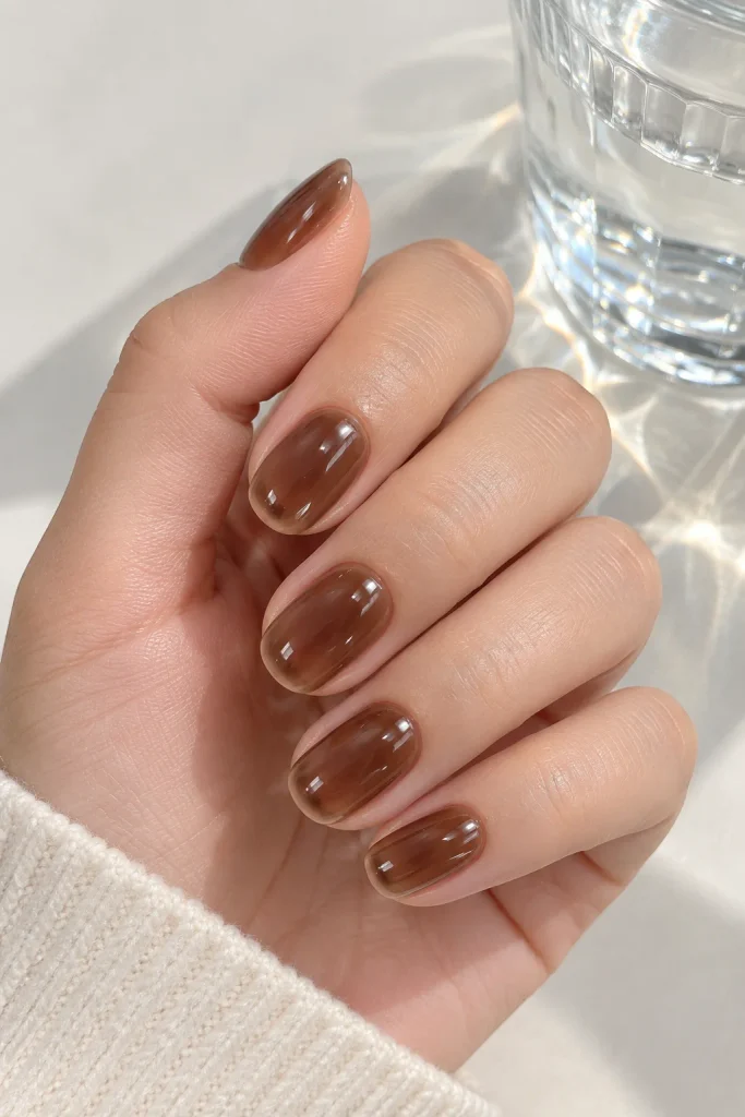 Chocolate brown glazed jelly nails with glossy finish