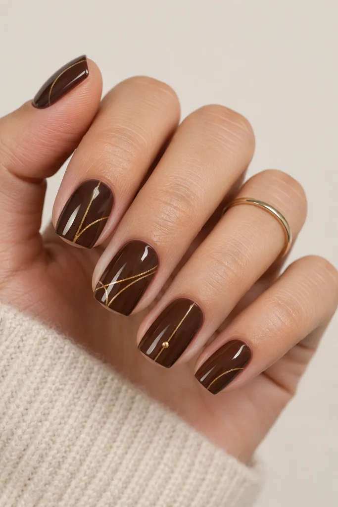 Chocolate brown nails with delicate gold line art
