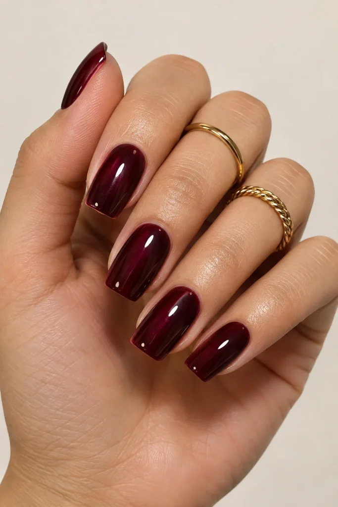 Chocolate cherry square nails with deep red undertones