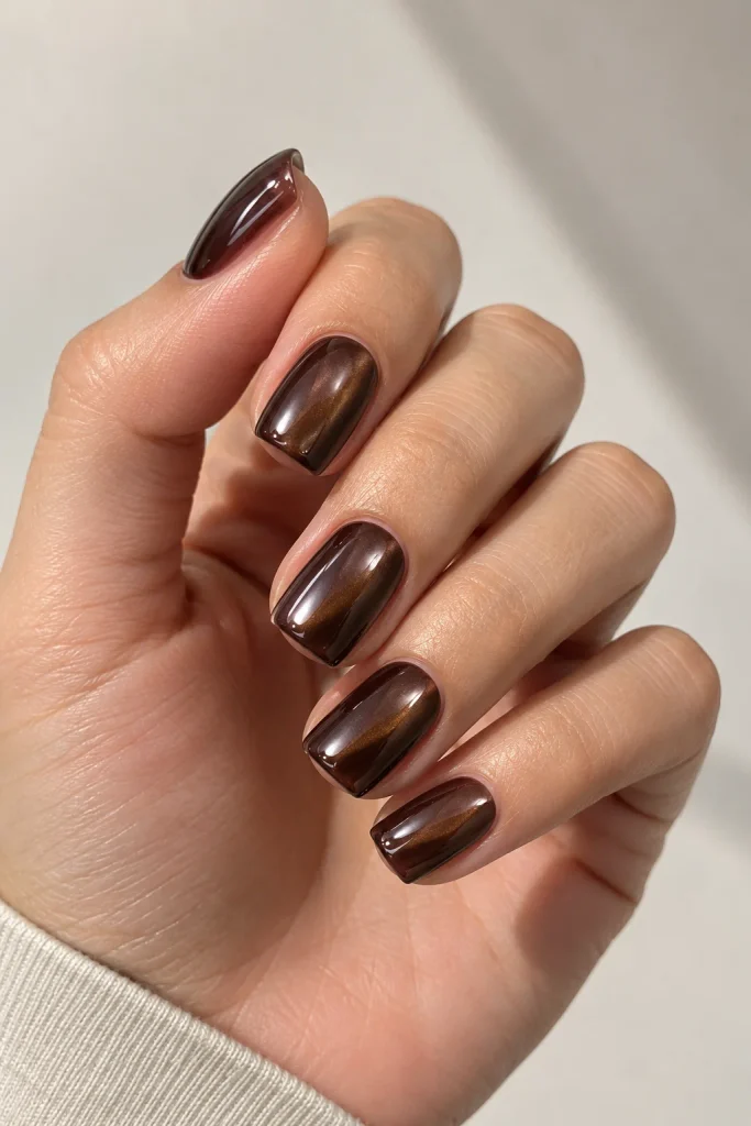 Dark chocolate nails with glossy pearl chrome glaze