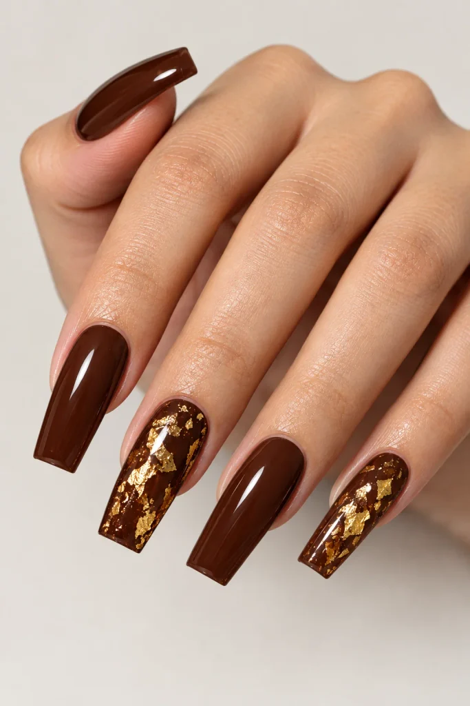 Chocolate brown square nails decorated with gold foil