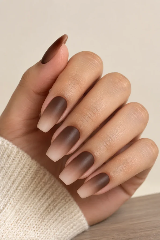 Chocolate brown fading into nude ombre nails