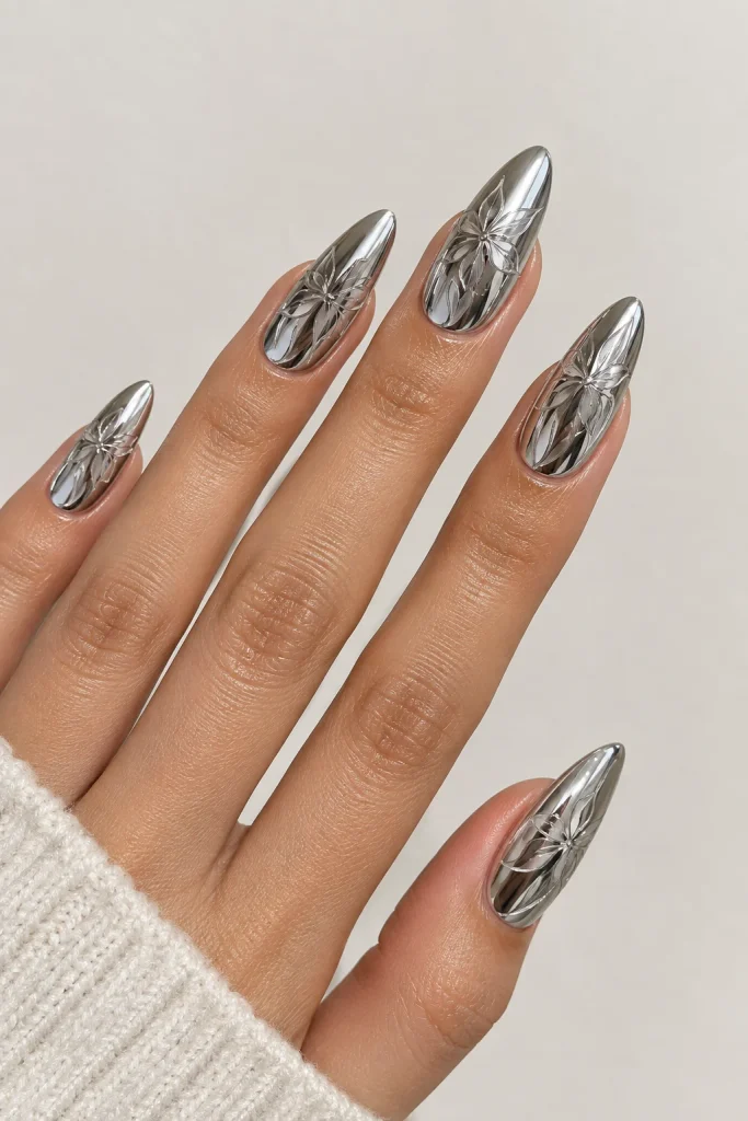 Chrome almond nails featuring etched floral line details