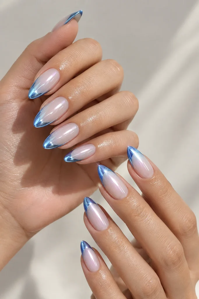 Chrome blue French tips with a glazed finish