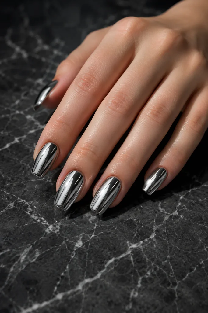 Chrome silver coffin nails for modern brides