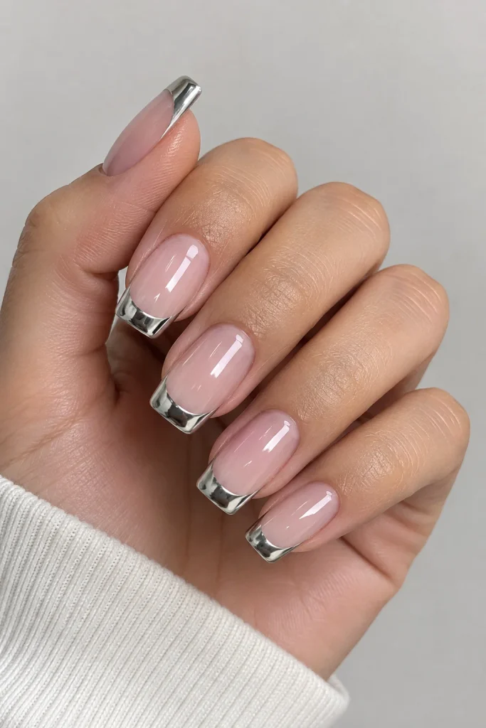 Chrome silver double French tip futuristic nails