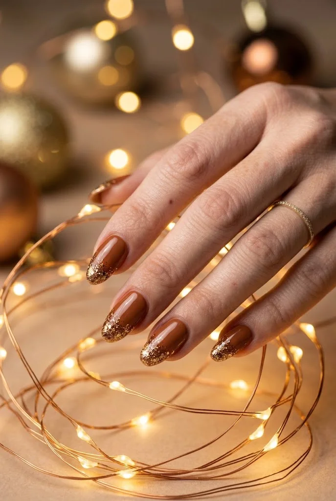 Almond nails in cinnamon brown with gold glitter tips beside warm twinkling string lights.