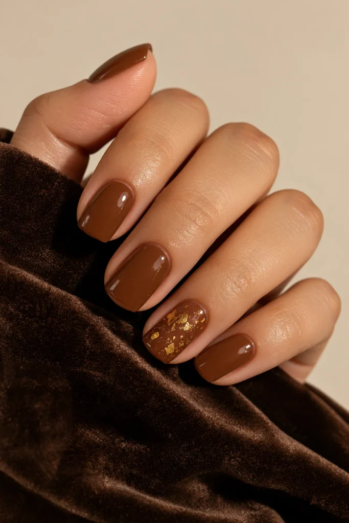 Short cinnamon brown nails with delicate gold flecks