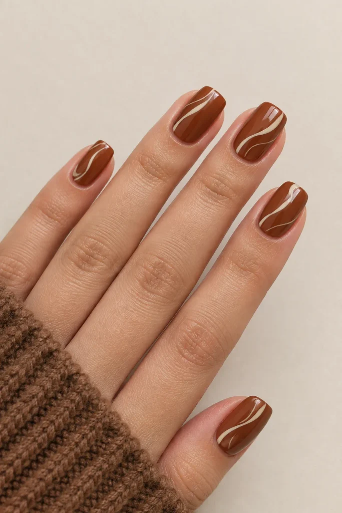 Cinnamon brown nails with delicate cream swirl details