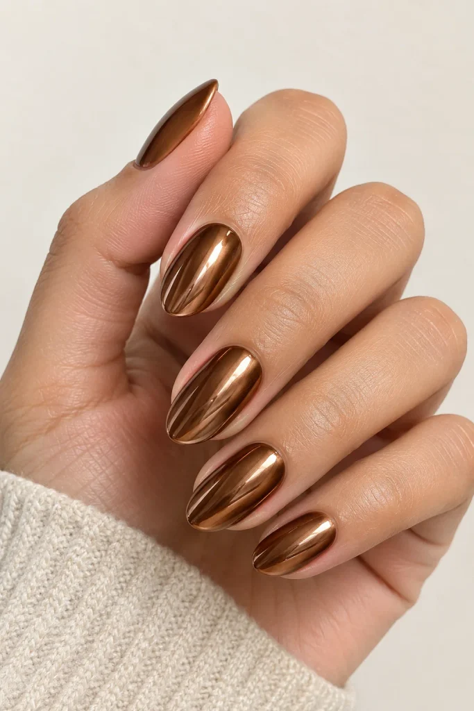 Warm cinnamon brown chrome almond nails with shine