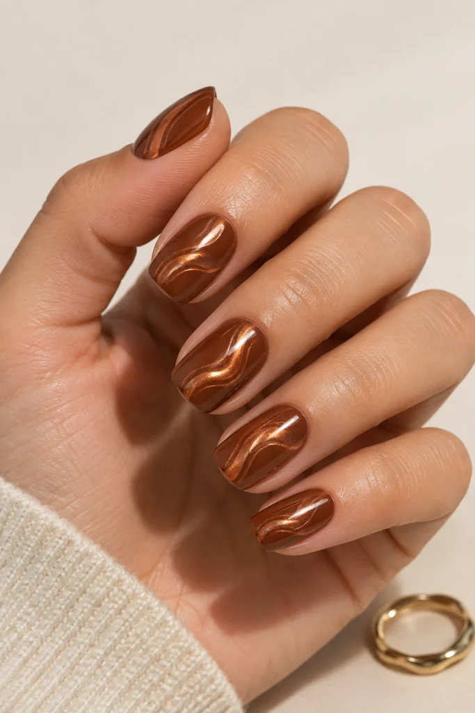 Cinnamon chrome swirl nails with copper and bronze metallic shine
