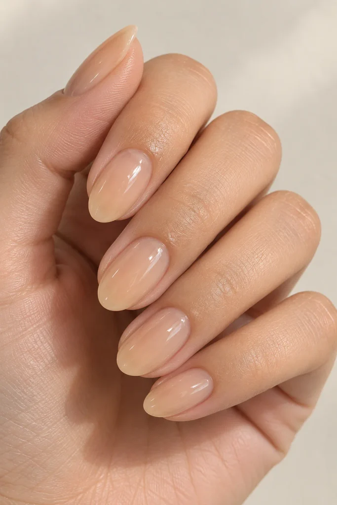 Sheer cinnamon latte nails with glossy caramel beige finish