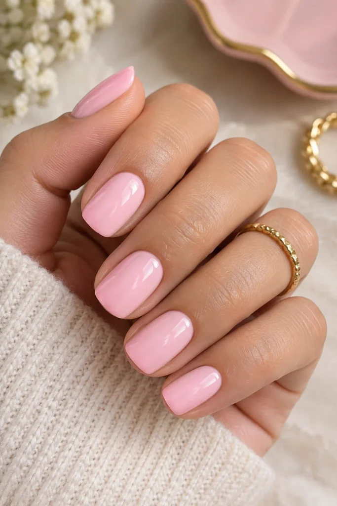 Short square nails in classic glossy baby pink polish paired with a gold ring