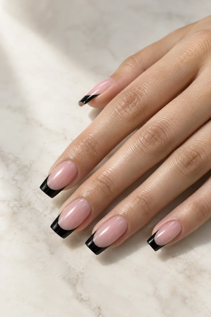 Classic black French tip design on square nails