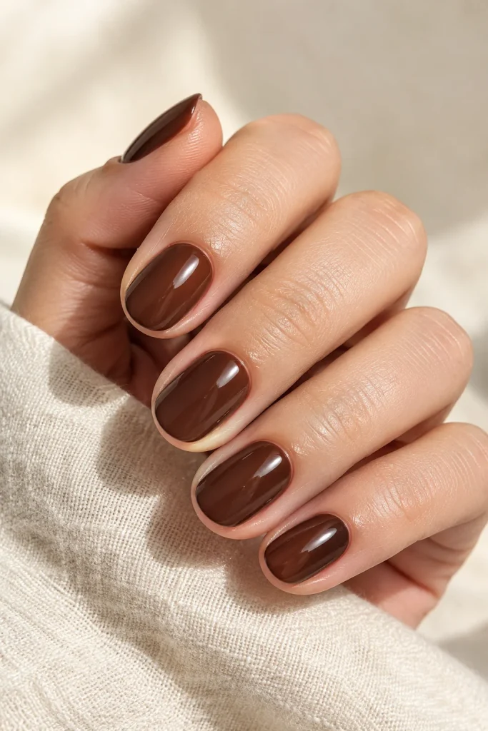 Short chocolate brown nails with glossy polished finish