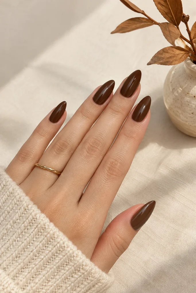 Classic chocolate brown almond nails with glossy finish